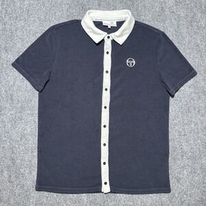 Sergio Tacchini Terry Cloth Button Up Shirt Men Medium Navy White Accent Logo